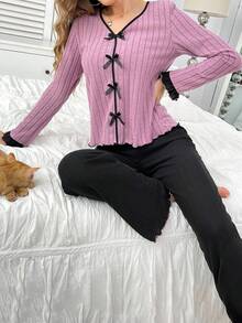 Women's Bow Contrast Color Long Sleeve Top & Pants Pajama Set, Fall & Winter Clothes