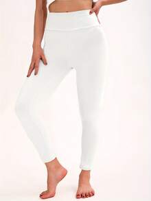 女士休闲纯色高腰紧身打底裤，舒适高弹瑜伽紧身裤，柔软贴身七分裤，适合健身、瑜伽、锻炼、散步、户外活动、日常穿着，舒适保暖。 - 白色 - 查看 9