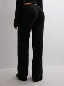 Women's Casual Black Wide Leg Fabric Pants With Drawstring Detail Long Medium Stretch