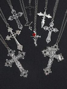 9pcs Y2K Punk Faux Crystal Big Cross Necklaces, Gothic Asymmetrical Cross Choker Necklaces For Men & Women, Aesthetic Jewelry - Multicolor - View 11