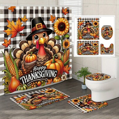 1/4 Pieces Thanksgiving Autumn Shower Curtain Set, Turkey, Sunflower, Maple Leaf, Pumpkin, Farmhouse Harvest, Burnt Orange Waterproof Polyester Washable Autumn Bathroom Shower Decor With 12 Hooks, Non-Slip Bath Mat, U-Shaped Toilet Lid Cover Christmas Decor