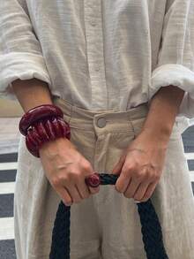 1pc/3pcs Set Vintage Geometric Resin Beaded Elastic Bracelet, Minimalist Punk Cuff Bangle, Charming Jewelry For Women Daily Wear - Burgundy - View 2