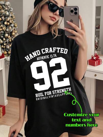 Customized Y2K Style Women's Oversized T-Shirt, Upload Your Lucky Number, Input Your Text/Blessing/Name/Meaningful/Fun Text, Women's Black Casual Loose Crew Neck Short Sleeve Pullover Top, Birthday Gift, Christmas Outfit, Holiday Gift, Music Festival Merch, Special Gift, Creative Gift, Couple/Best Friend Matching, Team Building Uniform, Corporate Customization