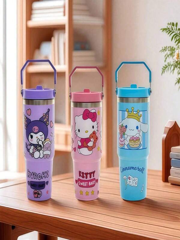 Sanrio Sanrio Sanrio 1pc Sanrio Kitty Cat 30oz Insulated Stainless Steel Vacuum Glass Tumbler With Lid And Straw, Suitable For Water, Iced Tea, Coffee, Smoothie; 30oz Reusable Stainless Steel Double Wall Vacuum Bottle With Handle, Suitable For Outdoor Activities, Camping, Hiking And Travel; 30oz Portable Stainless Steel Metal Drinking Cup Sports Bottle, Water Bottle For Outdoor