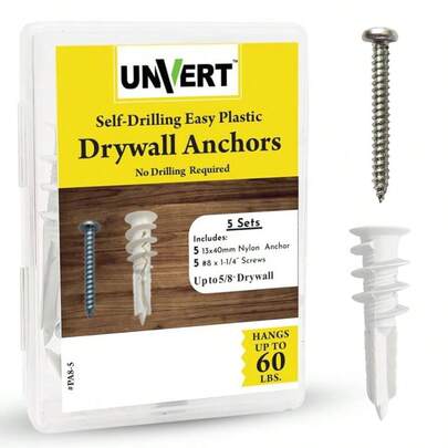 #8 Drywall Anchors And Screws Kit, Plastic Dry Wall Anchors Drywall Heavy Duty, Wall Anchors And Screws Self Drilling Drywall Anchor. Anchors No Pre Drill Hole Required 5 Pack