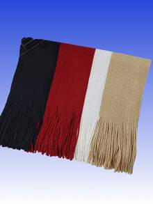Autumn/Winter Couple's Plaid Multi-Color Patchwork Tassel Knit Neck Warmer Scarf, Unisex Versatile, Blanket - Black+Khaki - View 4