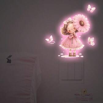 BRUP 1Pc ​Glow In The Dark Wall Stickers For Kids Room, Pink Little Girl With Flower And Butterfly Nursery Decor, Cute Removable Vinyl Decals For Girls Bedroom, Aesthetic Wall Art Decoration​