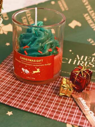 1 Pc Large Cup Of Pure Handmade Cream Scented Candle, With Christmas Red And Green Color Combination, Scented Glass Jar Candle, Handcrafted, Suitable As A Home Bedroom Decoration Gift, Scented Candle, An Interesting Christmas Gift, Christmas Decorations, Christmas Gifts