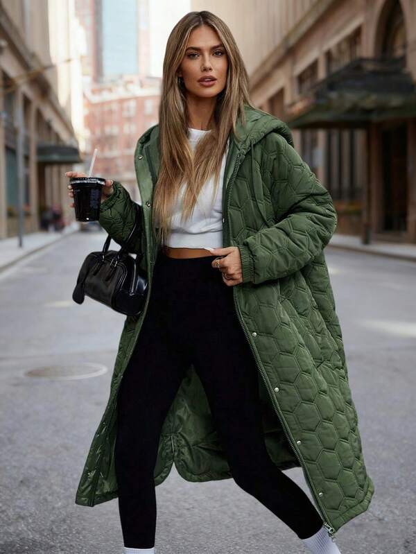 Veste d'hiver matelassée décontractée à capuche avec cordon de serrage et manches raglan pour femmes, couleur unie