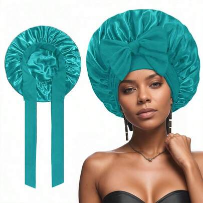 Gorro de dormir de seda sintética con lazo de cinta teñido de unicolor, turbante de ala ancha para el cuidado del cabello en el salón de belleza