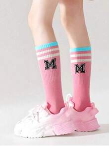 4 Pairs Girls' Knee High Socks, Children's Casual Sports Socks For Spring, Autumn & Winter, Pink Color, Korean Style Striped Socks, Comfortable Soft Breathable, Suitable For Daily Casual, Sports, Back To School - Multicolor - View 6