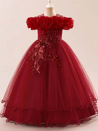 女童单肩花卉刺绣伴娘礼服