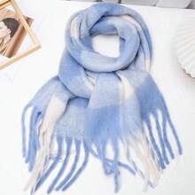 女士休闲户外大气百搭厚实保暖双面蓝白撞色围巾，秋冬