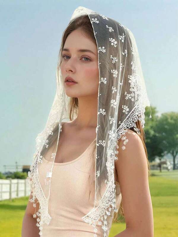 قطعة واحدة من الحجاب المثلثي متعدد الوظائف للنساء بطباعة لون واحد، حجاب زفاف شبكي مطرز، حجاب صغير لفستان الزفاف والملابس مع غطاء الرأس