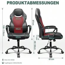 Bürostuhl, Rennstuhl, Gaming-Stuhl, Schreibtischstuhl, ergonomischer Drehstuhl, Sportstuhl, Bürostuhl mit Rückenlehne, Wippfunktion, Höhenverstellung, Chefsessel mit gepolsterten Armlehnen - Rot - Übersicht 3