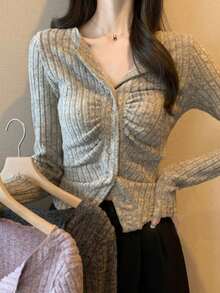 Meillard Women's Fitted Asymmetric Pleated Collar Short Knitted Cardigan Sweater Top Spring - Apricot - View 4
