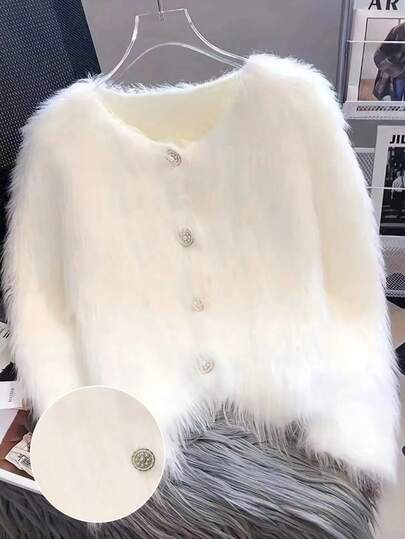 Faux Mink Fleece Casual High-End Personalized Button Women's Cardigan, Solid Color Front Button Closure, Soft Fleece, Suitable For Beach, Office, Halloween, Christmas, Valentine's Day, Spring/Autumn, Autumn/Winter