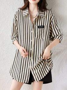Women's Long Sleeve Drop Shoulder Striped Woven Shirt, Classic Collar, Patch Pocket Design - Black and White - View 7