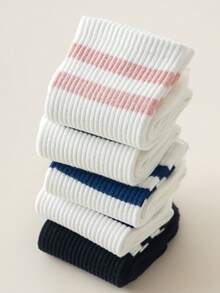 1/3/4/5 双装 女士白色经典条纹腰部舒适柔软简约休闲运动中筒袜