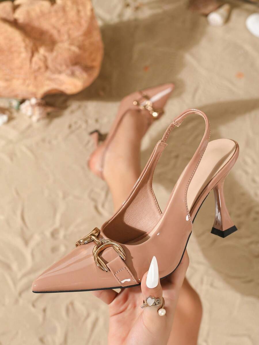 9cm Pointed Toe Elegant Stiletto High Heels, Slip-On PU Leather Shoes With Metal Decor, Apricot Color, Versatile For Daily, Party, Formal Occasions,Mothers Day Gift - Apricot - View 1