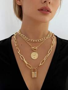 3pcs/Set Fashionable Retro Metal Chain Coin Badge, Lock Pendant Necklace Set For Women, Daily, Business, Casual, Party, Gift For Friends, Holiday & Birthday