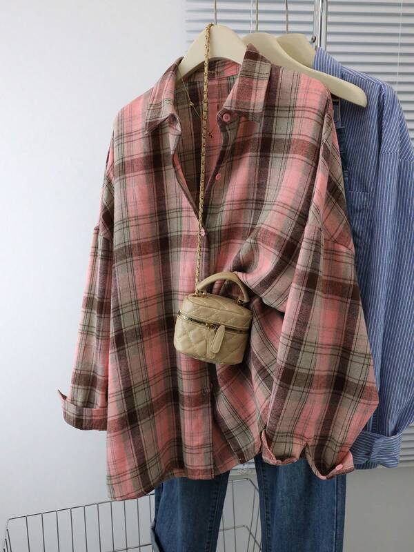 Camisa casual de manga larga con botones delanteros a cuadros, talla grande, para mujeres, ropa de otoño para el Día de Acción de Gracias y Año Nuevo