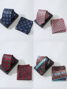 1 Set de Corbata y Pañuelo Casual Europeo Retro para Hombre, Corbata Estampada + Set de Pañuelo, Adecuado para Vestimenta Formal, Banquetes, Bodas, Todas las Estaciones