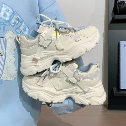 2025新款厚底厚底运动鞋，白色网面透气休闲户外跑步鞋，简约时尚低帮平底户外运动学生舒适休闲白鞋