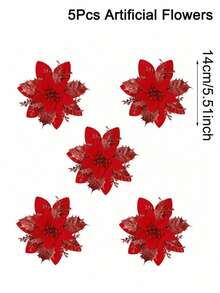 5/10pcs Artificial Christmas Tree Decorative Flowers (Diameter 14cm/5.51inch) - Red/Gold/Red Gold/Silver/Pink Flash Fake Flower Christmas Tree Decoration, Christmas Decoration, 2026 New Year Home Holiday Decoration