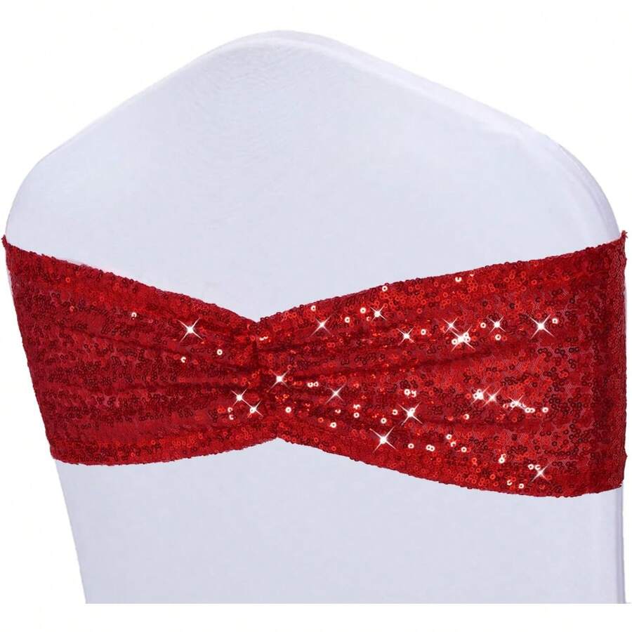 Gold Sequin Chair Sashes With Bow For Folding Chairs, Party Wedding Reception Decorations, 20 PCS - Red - View 1