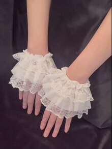 1 Pair Lolita Accessories Short Lace Arm Sleeves, Floral Lace Cuffs, Soft Girl Fashion Accessories, Vintage Elegant Floral Lace Double-Layer Ruffle Sleeves For Cosplay, Performance, Dance, Cover Scars, Wrist Cuffs, Gothic Lolita Gloves, Elegant Ladies Fingerless Lace Gloves, Costume Party Wedding Vintage Accessories, Fashionable Lace Arm Cuffs With Ruffle Details
