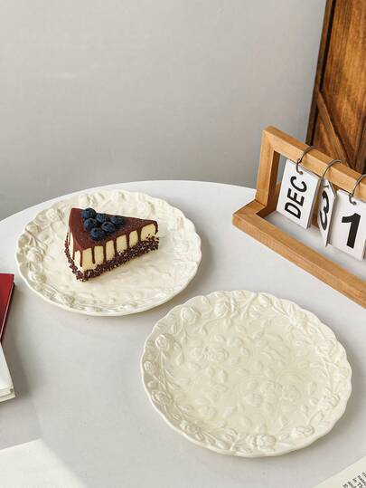1pc/2pcs French Romantic Cream-Color Rose Ceramic Embossed Plate, Dessert Plate, Afternoon Tea Plate, Home Sweets Plate