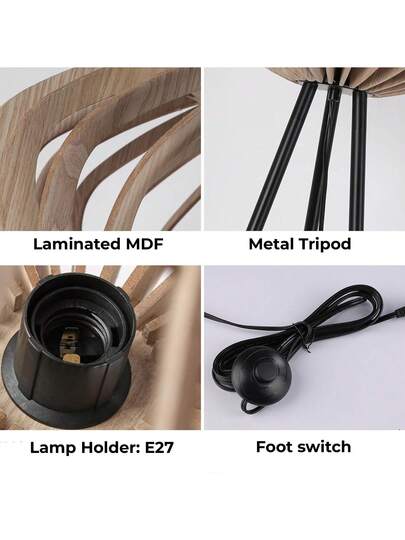 Alpinaluz MDF Wood Tripod Vloer Lamp "METTE", Industrial Shade, Moderne Bohemian Foot Switch, Living Room E27. view 3