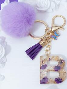 1pc Purple Starry Sky Dried Flower 26 Uppercase English Letter Resin Keychain, Bubble Fur Ball Glass Butterfly Tassel Decor, 18K Gold Lobster Clasp Design, Suitable For Bag Chain, Phone Strap, Gift For Friends, Mother, Christmas, Bag Charm, Car, Teacher, Sisters Gifts For Mother, Father, Graduation, And Teacher - Purple - View 19