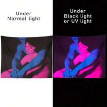 1pc UV Glow In Dark Tapestry - Blacklight Reactive Glow Wall Hanging, Large Neon Pink Blue Purple Love Couple Design Peach Beige Fabric For Bedroom & Party Decor, Tapestry For Bedroom, Wall Tapestry, Wall Tapestry For Bedroom - 白色 - 查看 2
