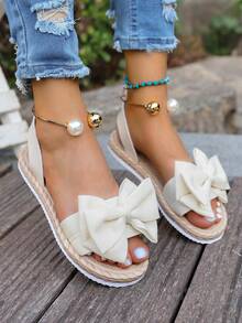 Sandálias leves, confortáveis e antiderrapantes com design de fivela, adequadas para uso na praia, plus size, com tira de calcanhar ajustável, sapatos planos com detalhe de laço para mulheres