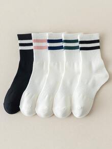 1/3/4/5 双装 女士白色经典条纹腰部舒适柔软简约休闲运动中筒袜