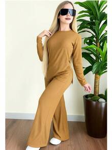 ¡Conjunto que lo tiene TODO!  Dos piezas: blusa de manga larga + pantalón - Camel - Ver 3