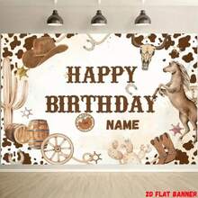 Banner de aniversário com tema de faroeste, personalizado com nome, texto "Feliz Aniversário", cactos, cavalos, chapéu de cowboy e balões. Decoração de parede em tons de marrom e dourado, sem necessidade de energia elétrica. Fácil de pendurar, ideal para casa ou eventos. Banner plano 2D com nome personalizado e estampas típicas do Velho Oeste. Perfeito para festas de aniversário.