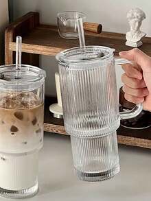 2PCS 720ml (24.35oz) Large Capacity Straw Cup With Handle, Large Capacity Office Water Bottle, Iced American Latte Cup, Juice Cold Drink Cup - Clear - View 3