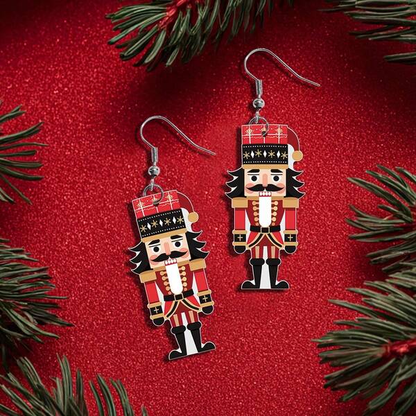 1 Pair Nutcracker Earrings, Cute Christmas Hat Cartoon 2D Fun Design, Suitable For Christmas Wear