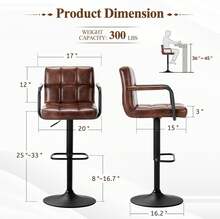 Bar Stools Set Of 2 With Back, Modern Square PU Leather Kitchen Stools With Armrest, Adjustable Counter Height Barstools For Kitchen Bar Pub Cafe (Darkbrown),24313696 - 棕色 - 查看 5