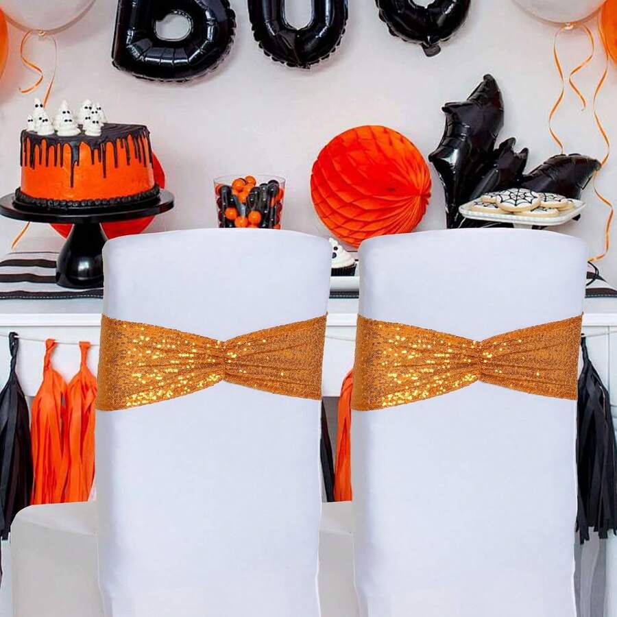Gold Sequin Chair Sashes With Bow For Folding Chairs, Party Wedding Reception Decorations, 20 PCS - 橘色 - View 1