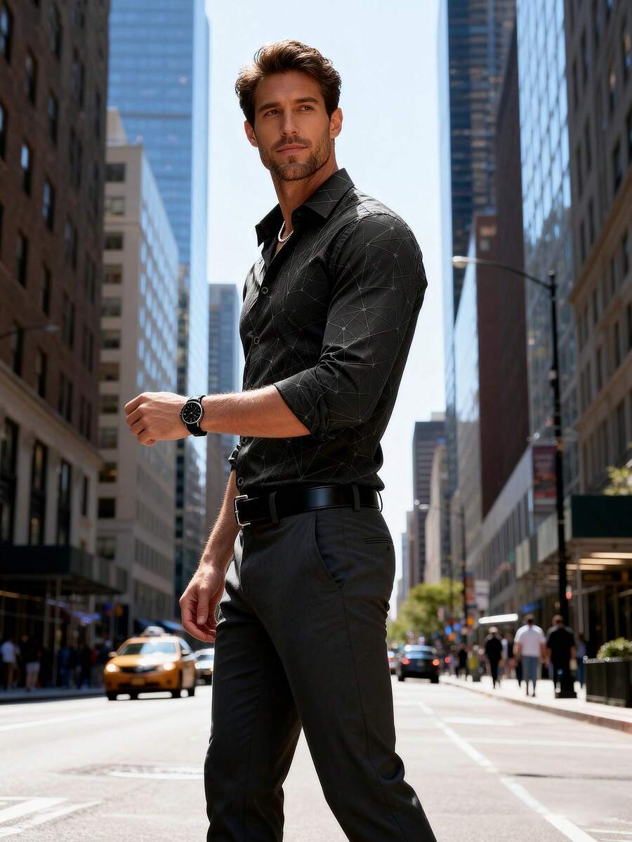 Men's Classic Fashionable Long Sleeve Geometric Print Shirt, European And American Style Business Casual Shirt, Exclusive Design, Versatile And Affordable, Essential For Business And Leisure, Fall