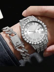 2 件/套时尚奢华极简主义小众高端水钻镶嵌方形表盘罗马数字刻度钢表带男表 + 手链套装，适合日常搭配、生日、女性礼物、周年纪念、年终促销、光棍节、万圣节促销等节日礼物，无礼盒 - 彩色 - 查看 11