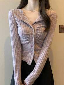 女士修身不对称褶皱领短款针织开衫、分层上衣