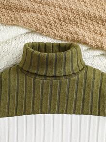 Young Boy Patchwork Contrast Color Ribbed Brushed Letter Graphic Turtleneck Sweatshirt - Army Green - View 2