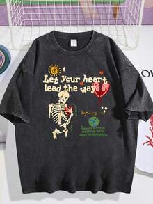 Street Life Men's Skull & Slogan Print T-Shirt, School, 2000s Style - 黑色 - 查看 1