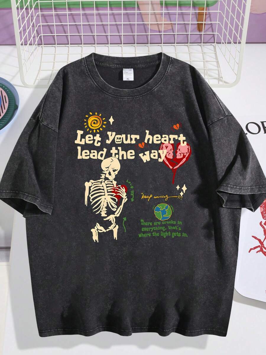 Street Life Men's Skull & Slogan Print T-Shirt, School, 2000s Style - 黑色 - 查看 1