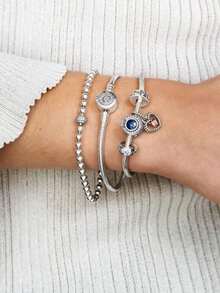 PANDORA 密鑲串珠手鐲925銀DIY手鍊情侶基礎手鍊925銀手鍊女友禮物生日禮物聖誕節禮物母親節禮物開學禮物 - 銀色 - 查看 2